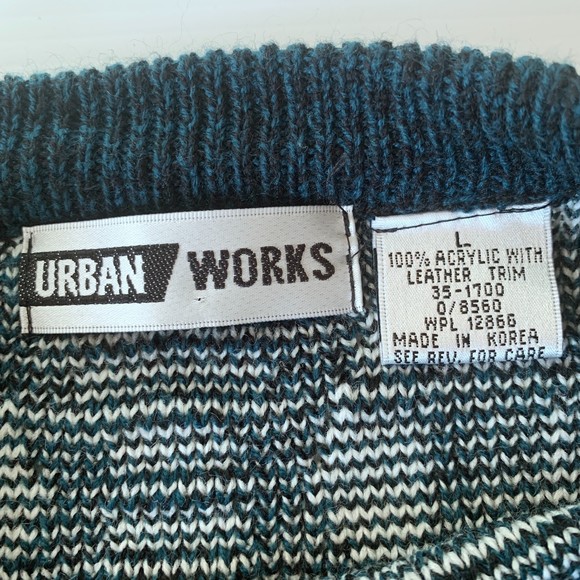 Urban Works Vintage Men’s Grandpa Sweater Real Leather Trim Teal/White Sz L - Picture 7 of 8